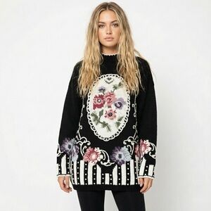 Vintage SGCS Floral Pearl Sweater L Black 80s Novelty Knit Grannycore Eclectic